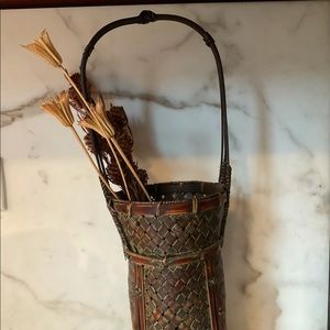 Vintage Asian decorative basket, woven with handle 17” tall 5” diameter.